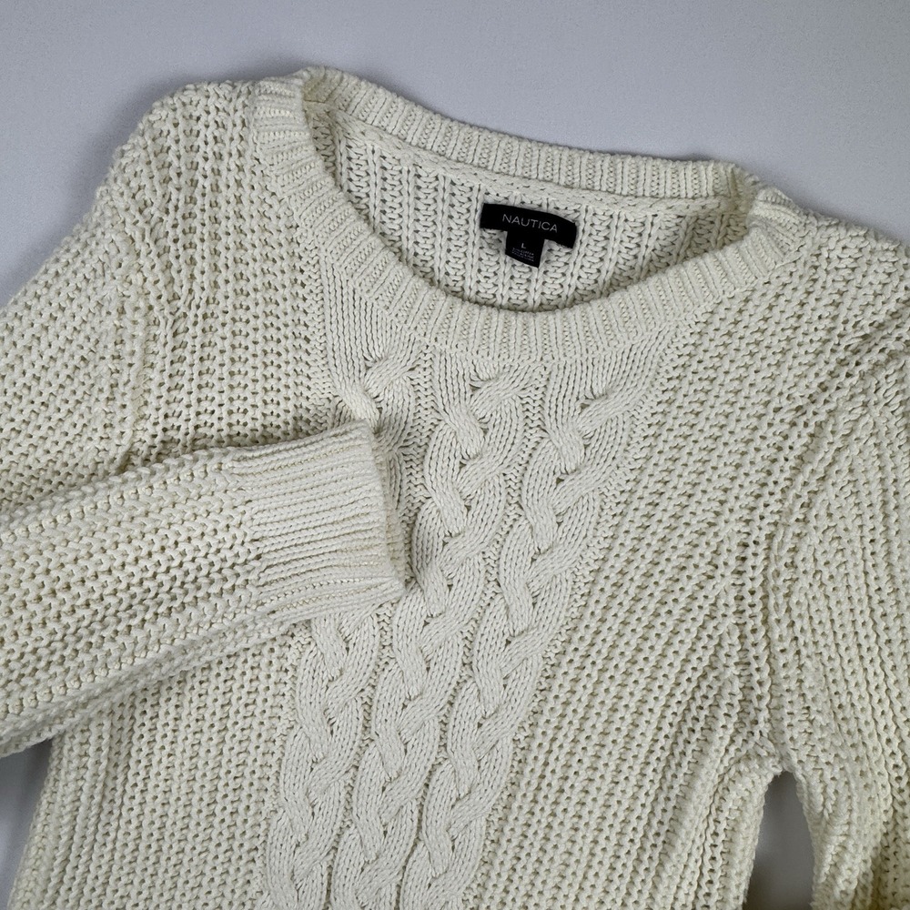 Nautica Womens Chunky Cable Knit Long Sleeve Sweater Size‎ L Ivory Crewneck Cozy